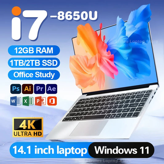 2026 Portable Laptop Windows 11 Intel Core i7 8650U Laptops PC 12GB RAM 1TB 2TB SSD Ultra slim Notebook 4K Office Study Computer